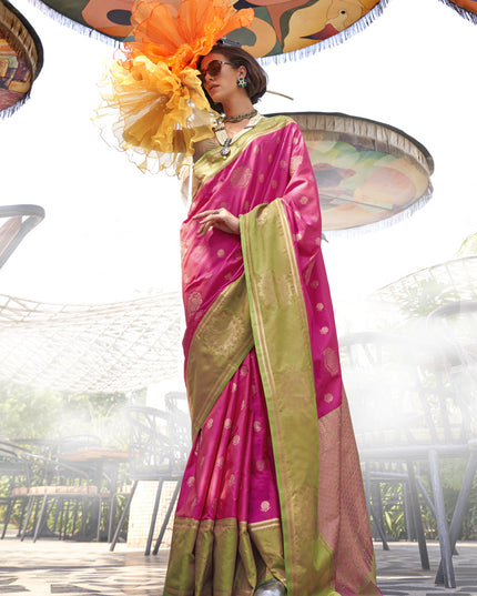 Rani Pink Silk Handloom Weaving Saree For Festival