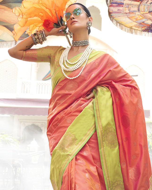 Coral Silk Handloom Weaving Saree For Festival