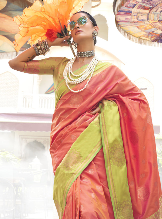 Coral Silk Handloom Weaving Saree For Festival