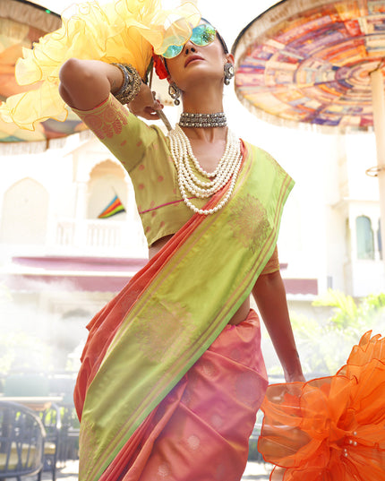 Coral Silk Handloom Weaving Saree For Festival