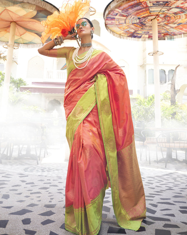 Coral Silk Handloom Weaving Saree For Festival