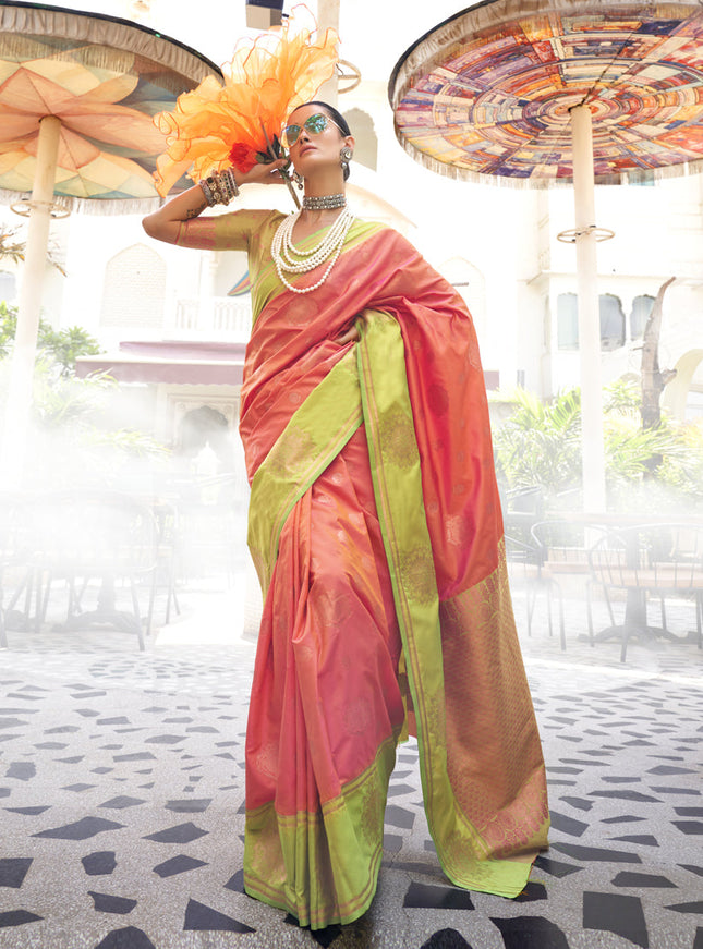 Coral Silk Handloom Weaving Saree For Festival