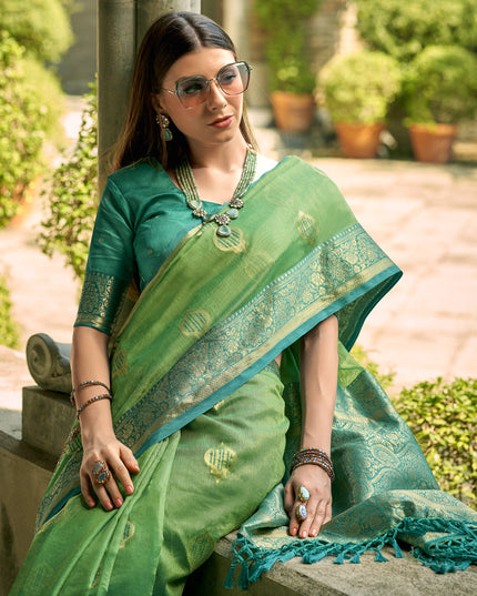 Fern Green Tissue Silk Woven Saree for Festival