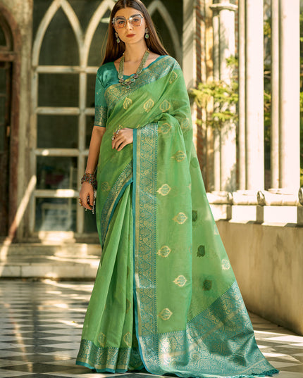 Fern Green Tissue Silk Woven Saree for Festival