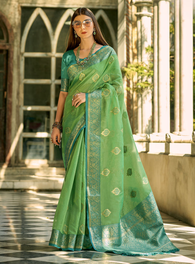 Fern Green Tissue Silk Woven Saree for Festival