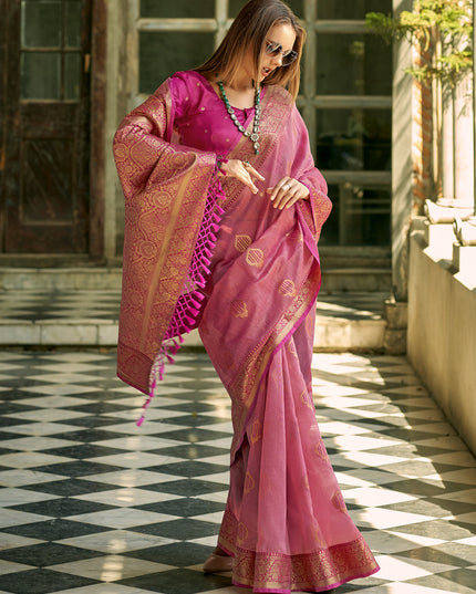 Cherry Pink Tissue Silk Woven Saree for Festival