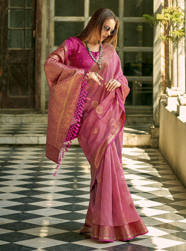 Cherry Pink Tissue Silk Woven Saree for Festival