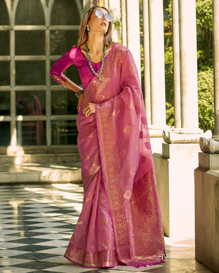 Cherry Pink Tissue Silk Woven Saree for Festival