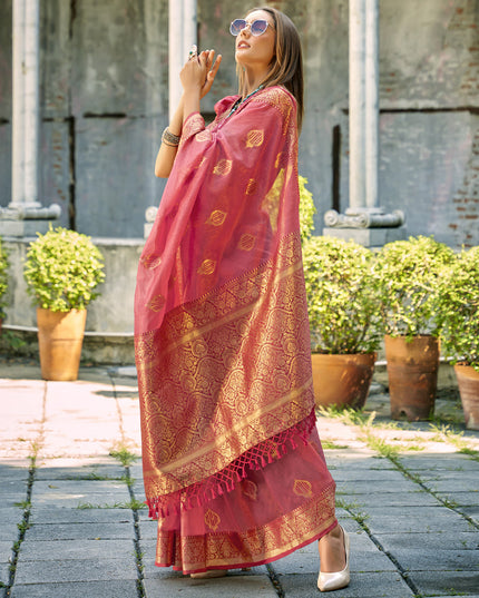 Melon Pink Tissue Silk Woven Saree for Festival
