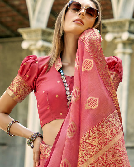Melon Pink Tissue Silk Woven Saree for Festival