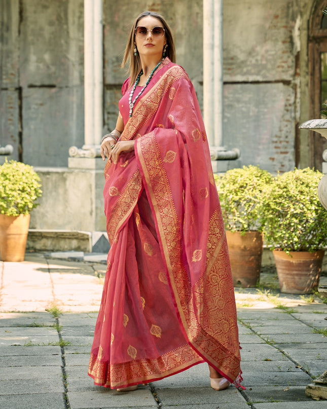 Melon Pink Tissue Silk Woven Saree for Festival