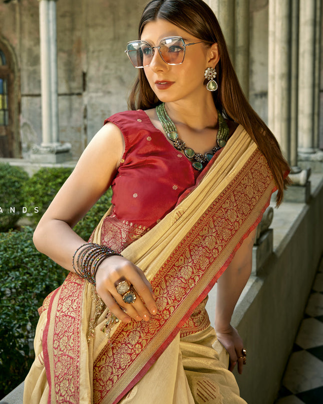 Beige Tissue Silk Woven Saree for Festival