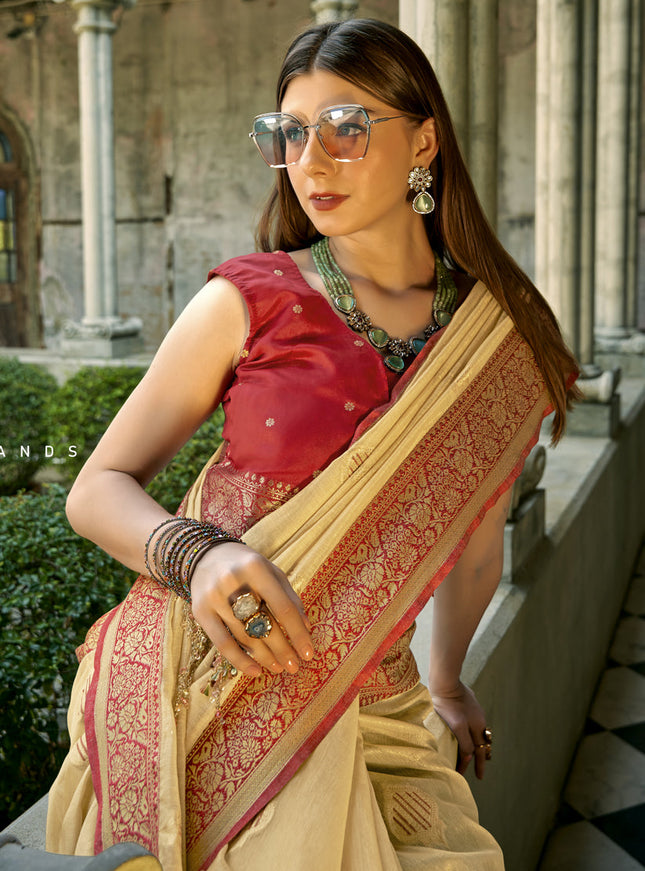 Beige Tissue Silk Woven Saree for Festival