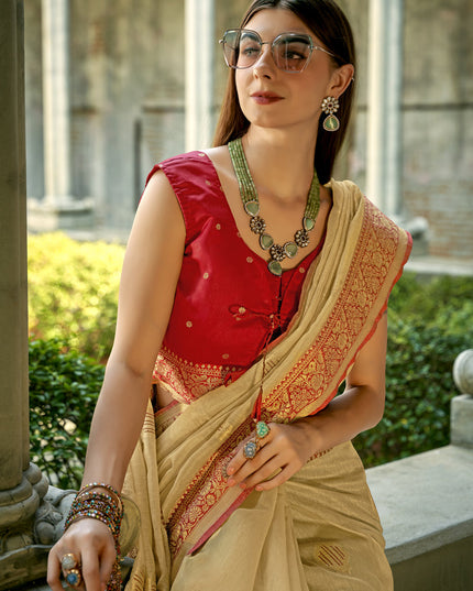 Beige Tissue Silk Woven Saree for Festival
