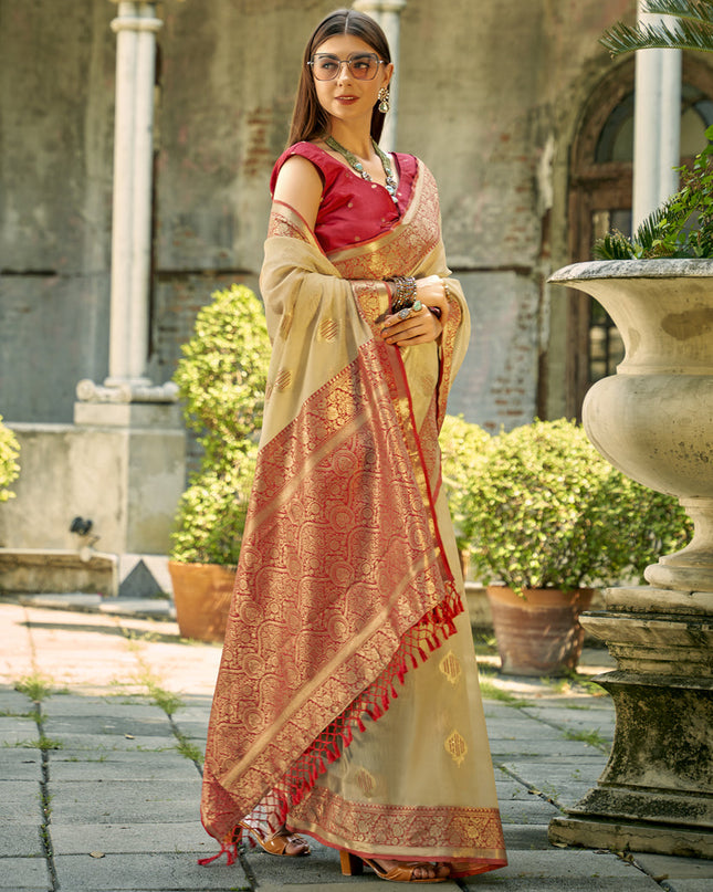 Beige Tissue Silk Woven Saree for Festival