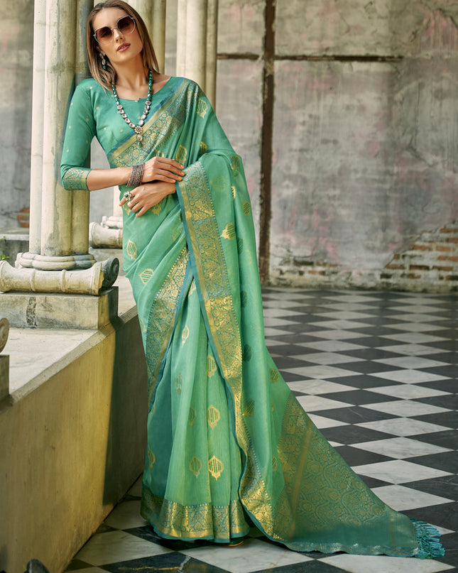 Sea Green Tissue Silk Woven Saree for Festival