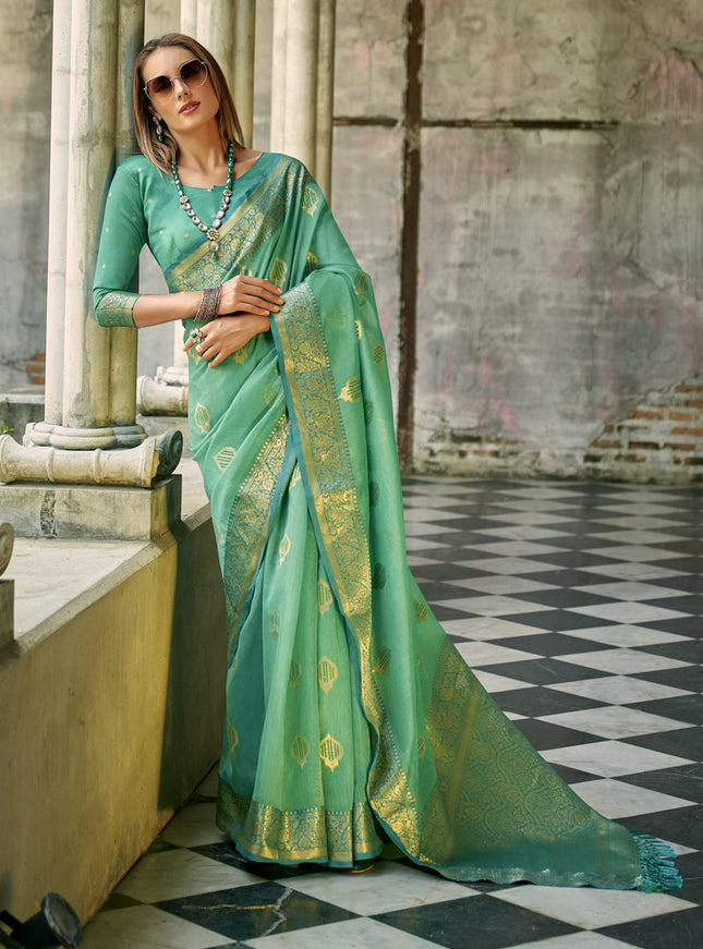 Sea Green Tissue Silk Woven Saree for Festival