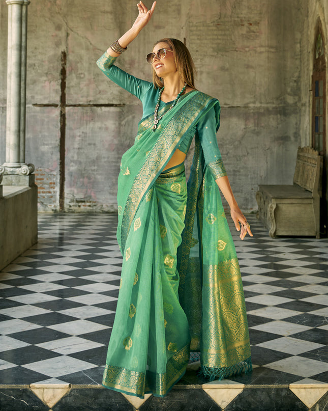 Sea Green Tissue Silk Woven Saree for Festival