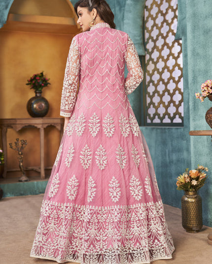 Astonishing Rose Pink Net Embroidered Designer Pant Kameez