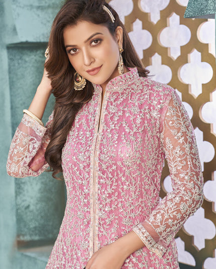 Astonishing Rose Pink Net Embroidered Designer Pant Kameez