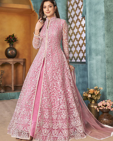Astonishing Rose Pink Net Embroidered Designer Pant Kameez