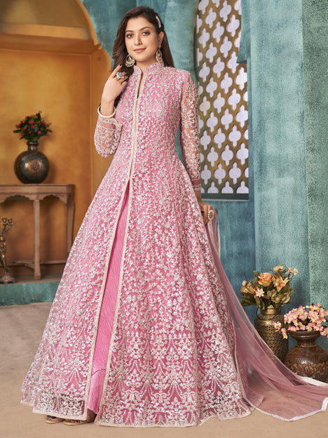 Astonishing Rose Pink Net Embroidered Designer Pant Kameez