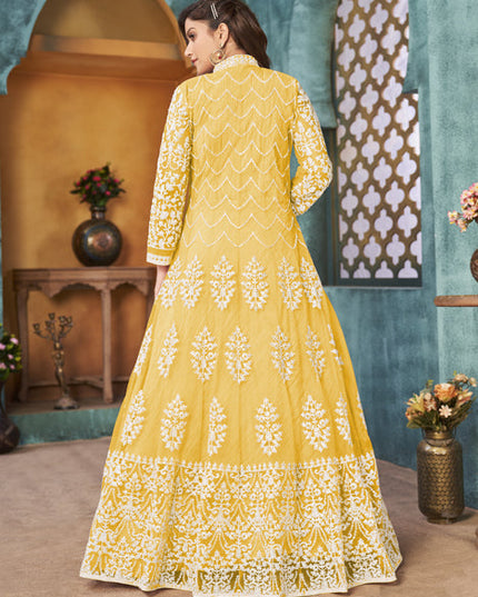Lovely Pastel Yellow Net Embroidered Designer Pant Kameez