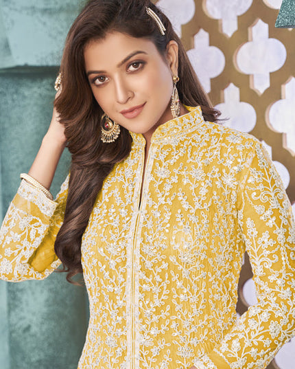 Lovely Pastel Yellow Net Embroidered Designer Pant Kameez