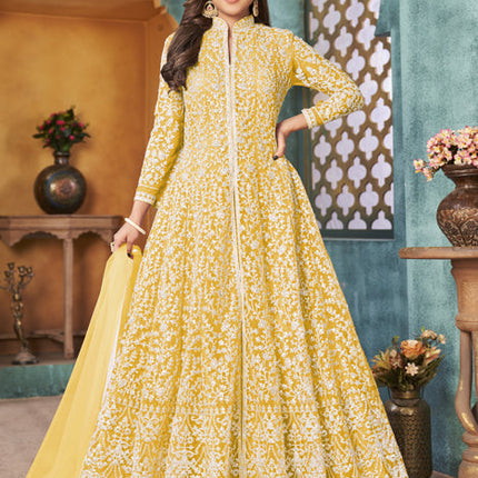 Lovely Pastel Yellow Net Embroidered Designer Pant Kameez