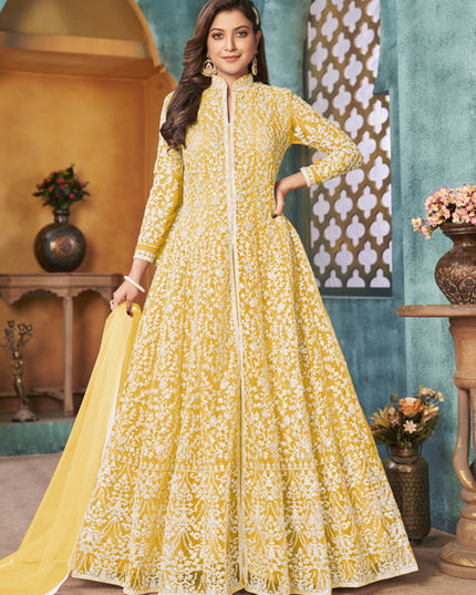 Lovely Pastel Yellow Net Embroidered Designer Pant Kameez