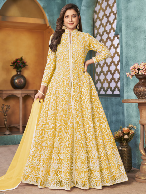 Lovely Pastel Yellow Net Embroidered Designer Pant Kameez