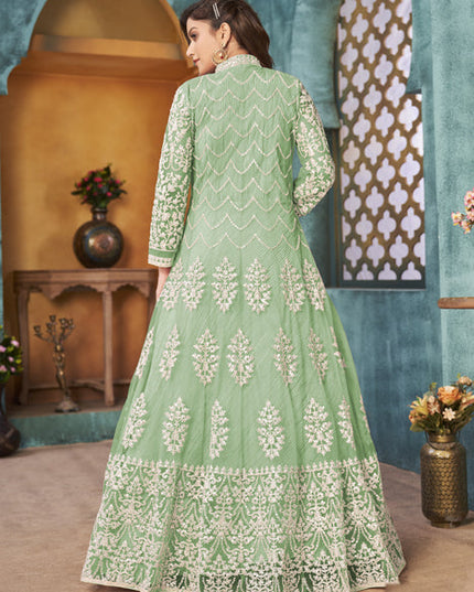 Mesmerizing Mint Green Net Embroidered Designer Pant Kameez