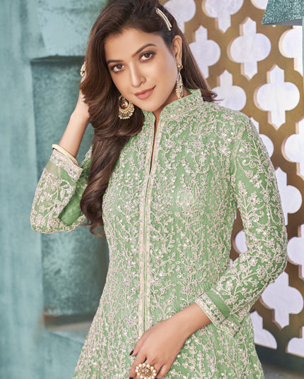 Mesmerizing Mint Green Net Embroidered Designer Pant Kameez