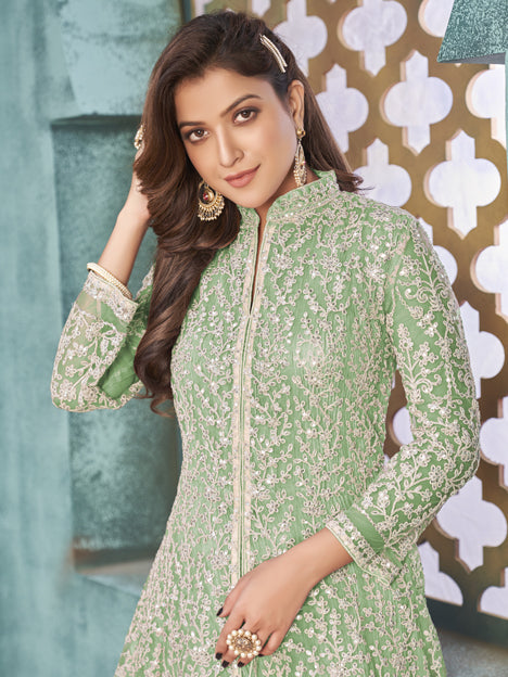 Mesmerizing Mint Green Net Embroidered Designer Pant Kameez