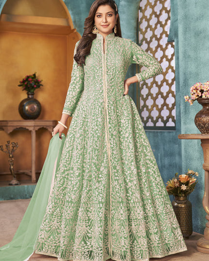 Mesmerizing Mint Green Net Embroidered Designer Pant Kameez