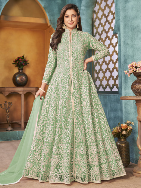 Mesmerizing Mint Green Net Embroidered Designer Pant Kameez