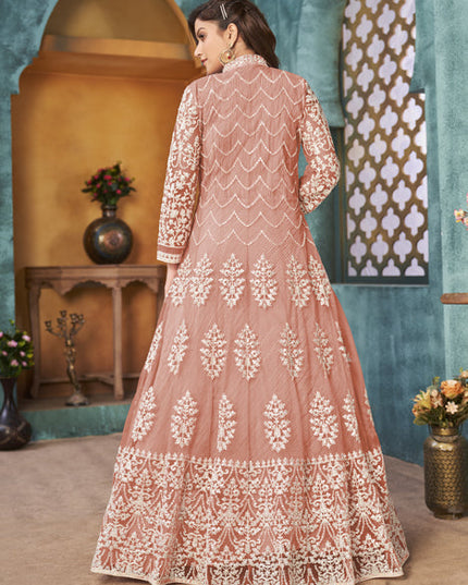 Stylish Peach Net Embroidered Designer Pant Kameez