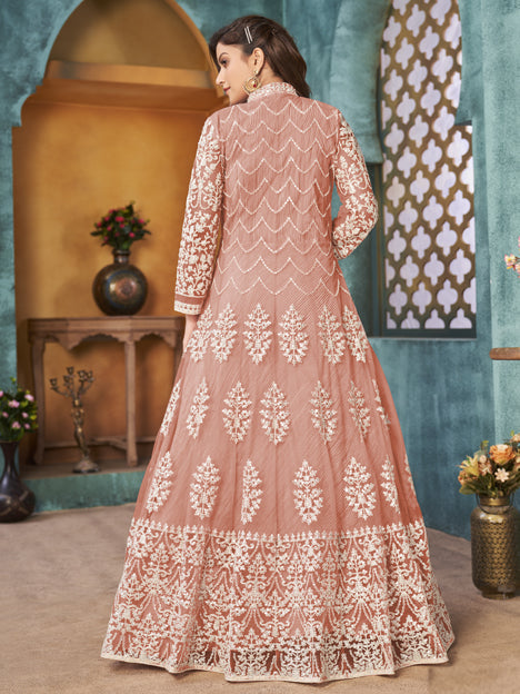 Stylish Peach Net Embroidered Designer Pant Kameez