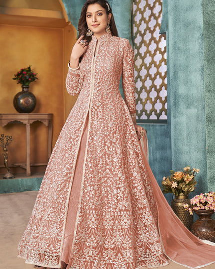 Stylish Peach Net Embroidered Designer Pant Kameez