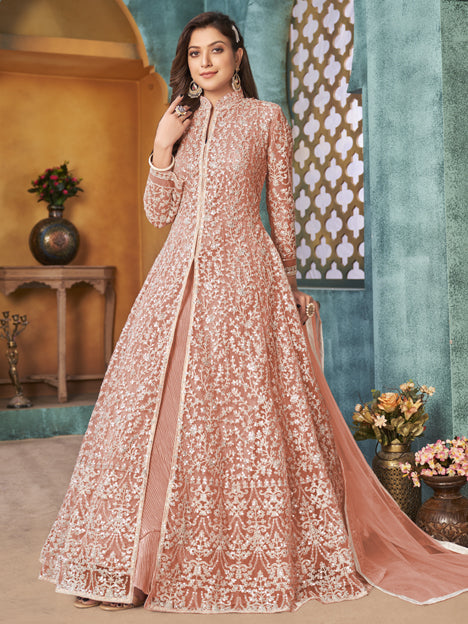 Stylish Peach Net Embroidered Designer Pant Kameez