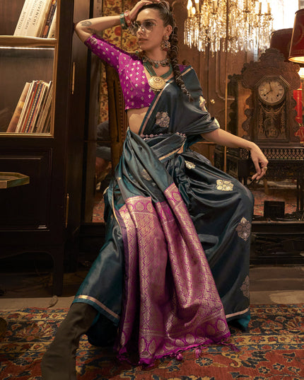 Pine Green Satin Handloom Weaving Saree For Festival