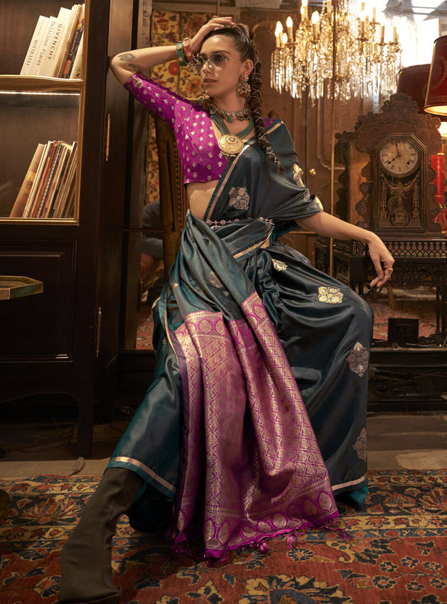 Pine Green Satin Handloom Weaving Saree For Festival