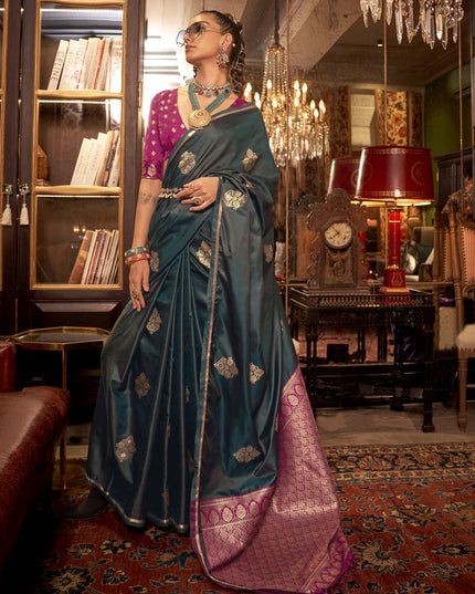 Pine Green Satin Handloom Weaving Saree For Festival