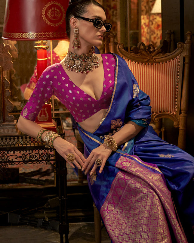 Royal Blue Satin Handloom Weaving Saree For Festival