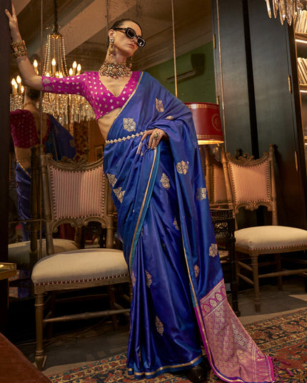 Royal Blue Satin Handloom Weaving Saree For Festival