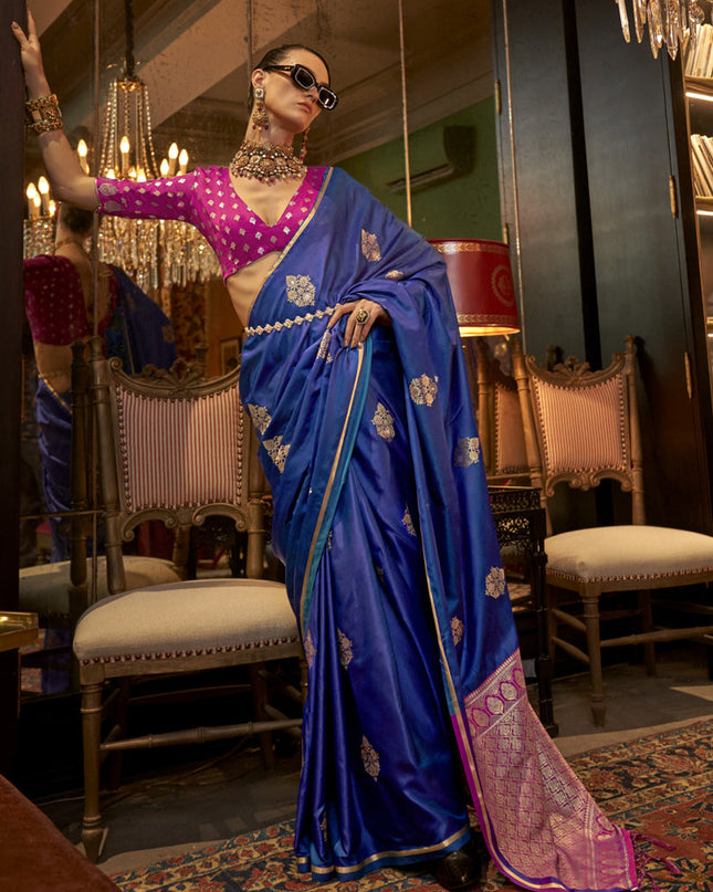 Royal Blue Satin Handloom Weaving Saree For Festival