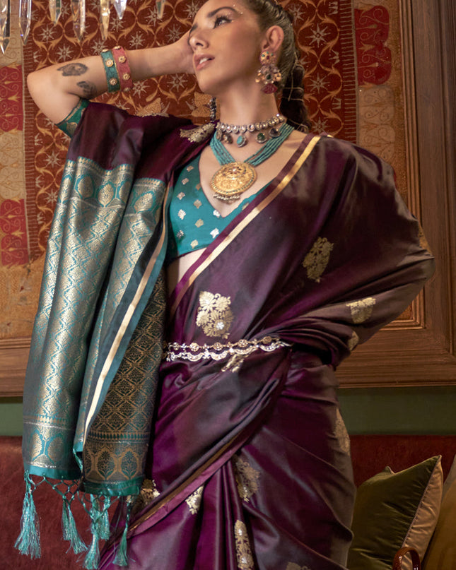 Burgundy Satin Handloom Weaving Saree For Festival