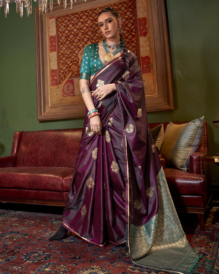 Burgundy Satin Handloom Weaving Saree For Festival