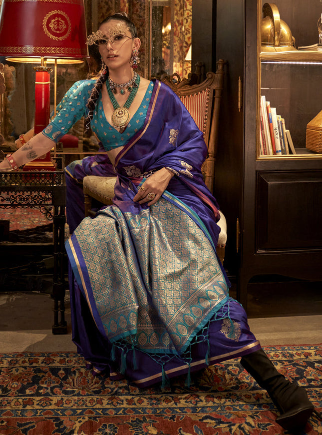 Purple Satin Handloom Weaving Saree For Festival