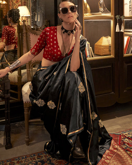 Black Satin Handloom Weaving Saree For Festival